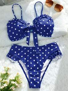Swim Mod 女士波点花卉印花荷叶边抹胸上衣和高腰泳裤，夏季海滩度假 - 藍白色 - 查看 3