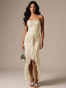 SHEIN Glamour Vestido corto de mujer de malla beige con escote de corpiño y volante en el bajo, vestido de fiesta de boda, vestido de cóctel de boda, vestido de verano con abertura, vestido elegante para fiestas, vestido maxi con volantes y escote corazón, vestido de fiesta, graduación, banquete, cumpleaños, celebración elegante y glamorosa para mujer, vestido suave y elástico para festivales y playa - Albaricoque - Ver 4