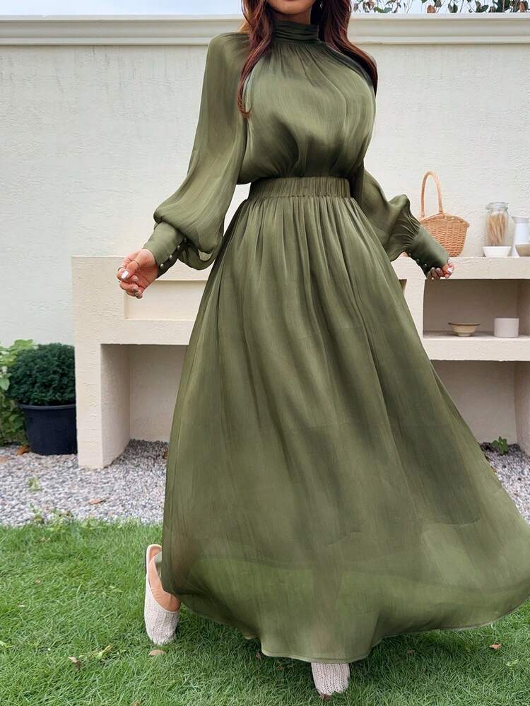 Spring & Summer Casual Elegant Shiny Loose Long Sleeve Shirt & Long Skirt 2 Pieces Set For Women