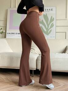 SHEIN EZwear Women's Solid Color Overlapping V-Waist Flare Pants - Brown - View 2