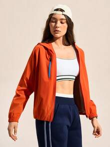 SHEIN In My Nature Áo khoác nữ dáng rộng có mũ, khóa kéo, thích hợp mặc ngoài trời, mùa xuân/thu. - trái cam - Xem 5