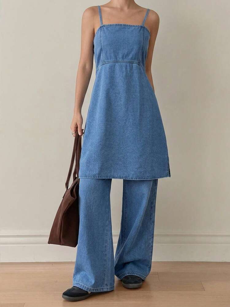 Women's Casual Sleeveless Camisole Top And Loose Fit Denim Pants Set, Layered Style For Spring And Summer, Suitable For Street, Vacation And Beach