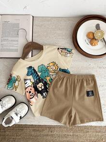SHEIN Top casual de manga corta con cuello redondo y estampado de dibujos animados para bebé niño, adecuado para primavera/verano - Multicolor - Ver 5