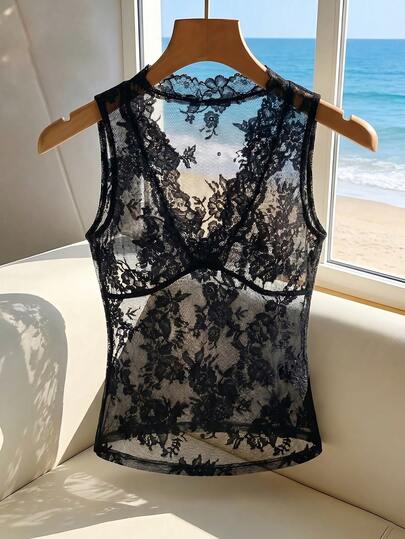 SHEIN Franclia Women's Fashionable Elegant Sexy Daily Sleeveless V-Neck Lace Semi-Sheer Camisole, Vacation Sexy Camisole