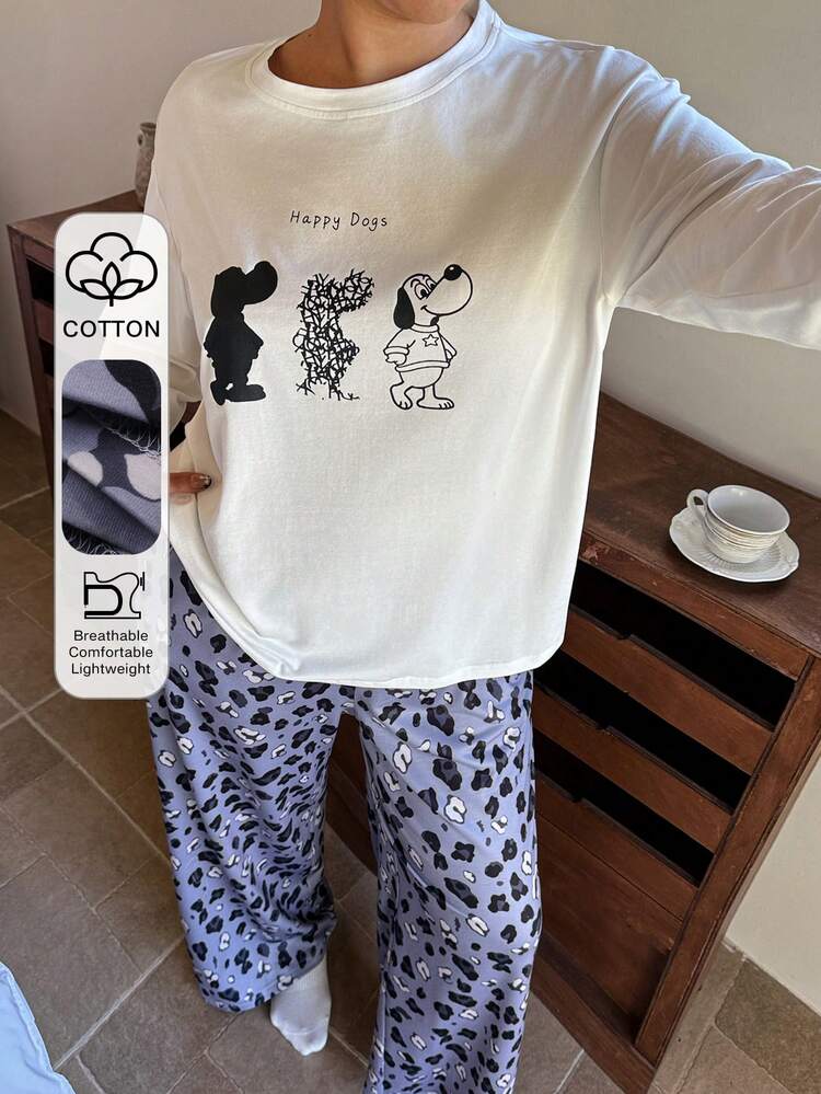 Dazy Plus Plus Size Comfortable Cartoon Pattern Long Sleeve T-Shirt And Pants Pajama Set, Autumn