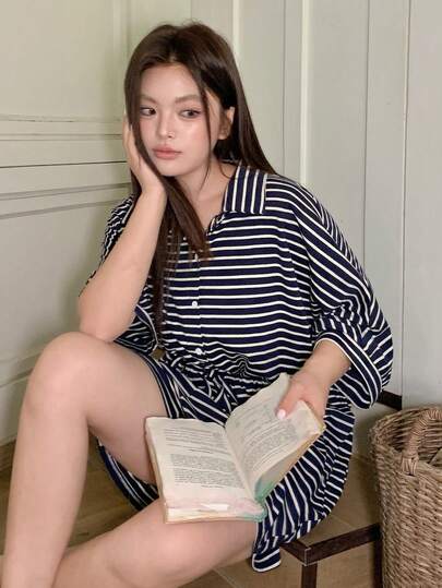 Dazy Plus Plus Size Women Striped 3/4 Sleeve Button Half Placket Waist Tie Romper