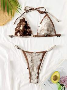 SHEIN Swim 女士泳装套装，彩色亮片反光系带露背性感比基尼，适合春夏穿着 - 彩色 - 查看 5