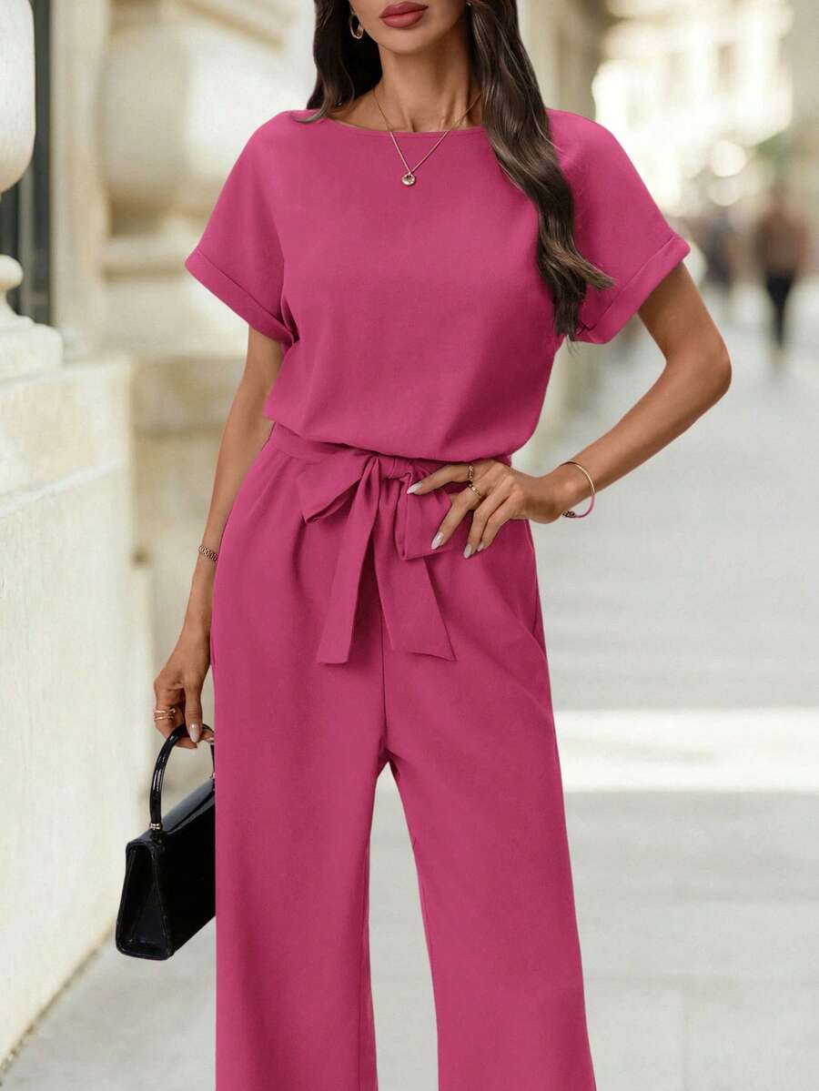 Editum Women's New Elegant Round Neck Jumpsuit With Waist Cinching, Slimming, Simple Commuter Wrinkle-Resistant Romper With Belt - Hot Pink - View 1