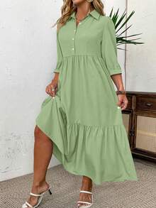 EMERY ROSE Vestido casual simple con botones, manga media y fruncido en la parte delantera, de unicolor y longitud media, para mujeres de talla grande, atuendo maxi para el Día de Acción de Gracias - Verde - Ver 5
