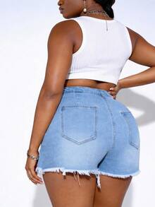 CurvyTilda Plus Ripped Raw Cut Asymmetrical Hem Denim Skort, For Hourglass Body Shape, For Body Shape, For Summer - Light Wash - View 2