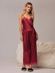 蕾丝拼接吊带上衣和短裤睡衣套装睡衣套装 - 酒紅色 - 查看 3