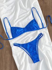 Swim Mod 春夏新款甜美蓝底贝壳印花系带两件式三点高衩三角比基尼套装，性感聚拢泳装，适合女士海滩度假 - 彩色 - 查看 4
