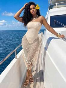 BamGleam Vestido Tubinho Ajustado com Franjas Transparentes para Praia e Férias Sexy para Mulheres - Damasco - Visão 8