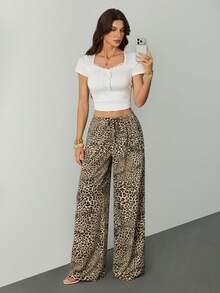 SHEIN Tall Quần dài nữ in họa tiết da báo có dây rút - màu nâu - Xem 3