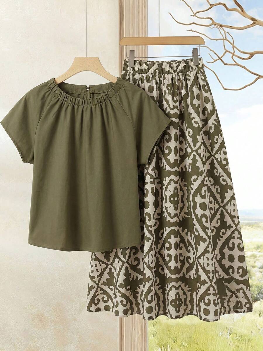 Faunlyn Conjunto informal de 2 piezas de blusa de cuello redondo y falda plisada de unicolor para mujer - Multicolor - Ver 1