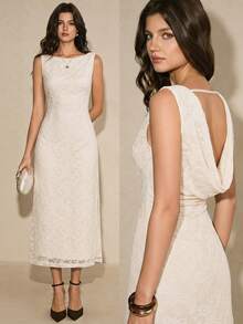 Poéselle 女士纯色露背无袖开衩优雅连衣裙 - 杏色 - 查看 2