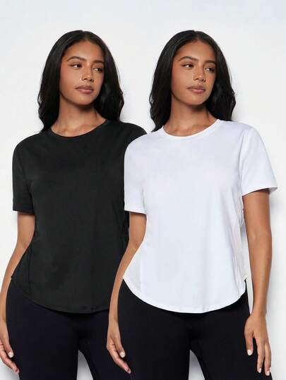 Voyena 2pcs Plus Size Women Sports T-Shirt Set, Fashionable Short Sleeve, Mesh Splice Design, Compression Workout Clothes,White Top,Black Top,Summer Top,Women's Gym Clothes,Casual Blouse For Women,Women's Sportswear,