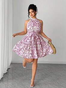 Elenzga Plus Size Halter Neck Printed Short Flare Dress - Pink - View 4