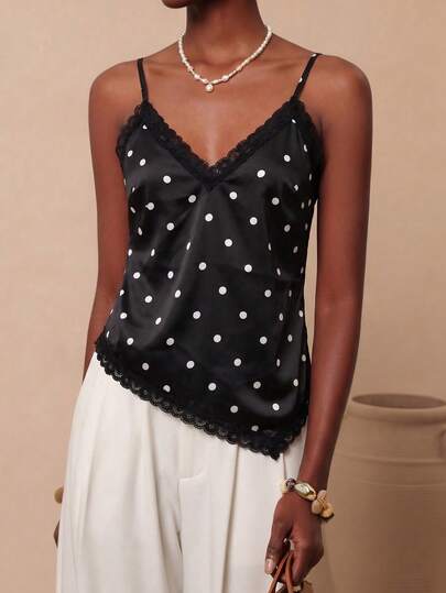 Vesra Áo hai dây nữ phối ren chấm bi, kiểu dáng thường ngày, đa năng, thích hợp mặc hàng ngày.