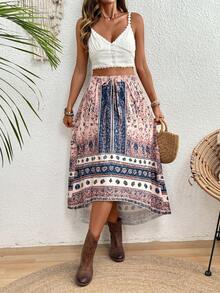 Balvessa Women's Print Flowy Midi Skirt, Suitable For Spring/Summer Vacation - Multicolor - View 3