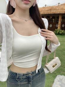 Joudiya Solid Crop Jacket Without Cami Top,Fall Clothes - Apricot - View 5