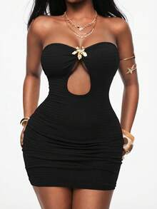 Coolane Women's Spring/Summer Chic Sexy Boho Vacation Outfits Basic Date Night Cable-Knit Black Tube Wrap Dress - Black - View 6