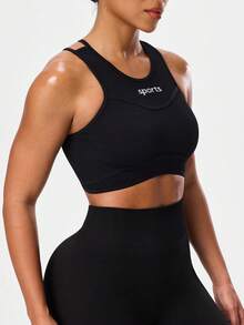 Seamluxe SHEIN Sport 女士夏季字母印花交叉露背短款运动背心 - 黑色 - 查看 7