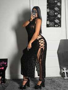 Whyspr Robe de soirée sexy à col ras-du-cou et design à nouer pour femmes grandes tailles - Noir - Voir 4