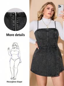 CurvyTilda Plus Size Denim Jumpsuit, Casual Bib Overall Fitted Mini Blue, For Hourglass Body Shape, For Body Shape, For Summer - Black - View 1