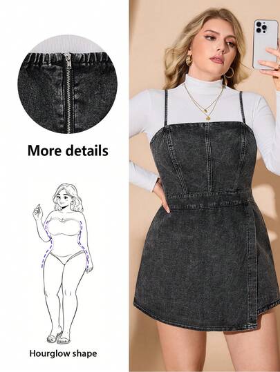 CurvyTilda 大码牛仔连体裤，休闲背带裤，迷你修身蓝色