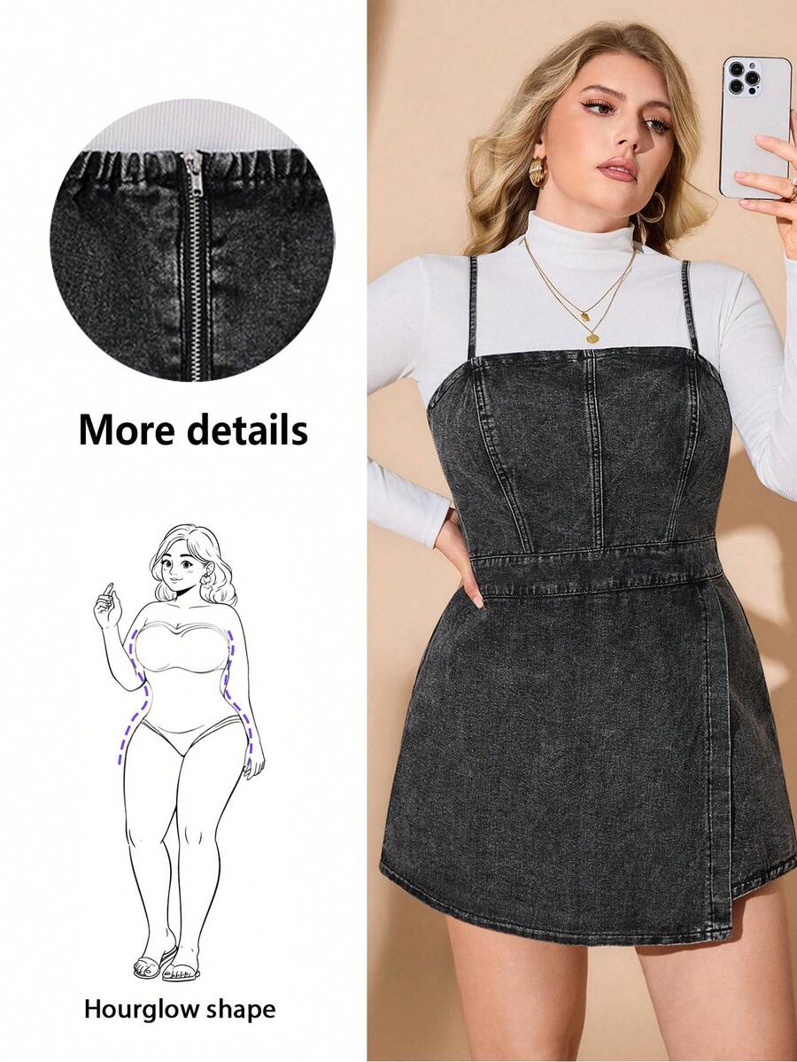 CurvyTilda Plus Size Denim Jumpsuit, Casual Bib Overall Fitted Mini Blue, For Hourglass Body Shape, For Body Shape, For Summer - Black - View 1