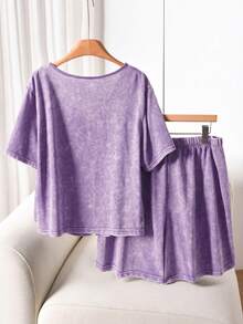 CosyJoli Plus Size Women Front Tie Short Sleeve Top And Shorts Casual 2 Pieces Set - Purple - View 2