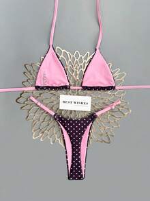 SHEIN Swim Mod 2026 Spring/Summer Sweet & Spicy Retro Triangle Bikini, Tie-Up Sexy Polka Dot Printed Separate Swimwear For Small Bust, High-End Style - Multicolor - View 3