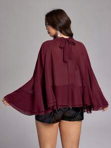 Viva Relle Plus Size Women's Burgundy Stand Collar Ruffle Trim Sheer Chiffon Cape Top, Vintage Sweet & Spicy Date , Spring/Summer - Burgundy - View 3