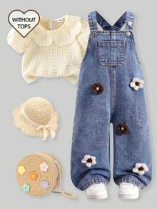 SHEIN Washed Denim Bib Pants For Baby Girls, Floral Print Loose Jumpsuit - Medium Wash - View 3