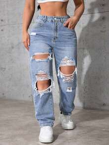 SHEIN CURVE+ Plus Size Women's Non-Stretch Casual Distressed Straight Leg Denim Jeans, Cowboy Outfits For Women - Light Wash - View 1