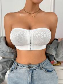 SHEIN 1pc Lace Patchwork Front Closure Wireless Bandeau Bra For Women - White - View 3