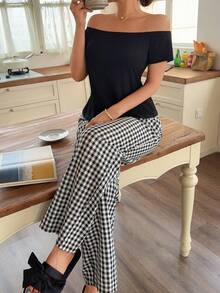 Napfluff Bộ đồ ngủ 2 mảnh nữ tay ngắn trễ vai, họa tiết kẻ caro cổ điển, kiểu dáng thường ngày. - Nhiều màu - Xem 7