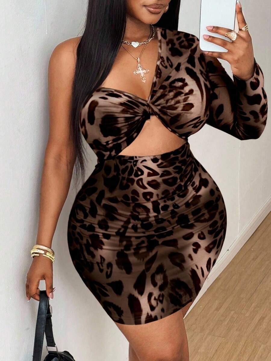 Maweii Plus Size Women Leopard Print Hollow Out Twist Mini Dress Fall - Brown - View 1
