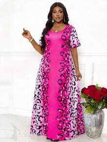 Villa Velisse Plus Size Fashionable Printed Round Neck Short Sleeve Dress - Hot Pink - View 1