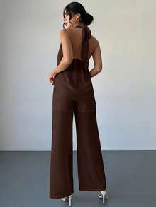 Firerie Bộ đồ nữ thanh lịch, thoải mái, màu hồng chiffon, không tay, cổ yếm, buộc dây, vạt áo lệch vai và quần ống đứng dáng rộng, mẫu mới Xuân/Hè. - màu nâu - Xem 3