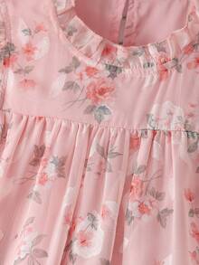 SHEIN 少女无袖粉色碎花雪纺连衣裙，公主风荷叶袖层叠连衣裙，适合夏季休闲派对、野餐、海滩日常出行 - 粉色 - 查看 5