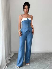 Selianne Women's Casual Contrast Color Lapel Cardigan Camisole + Wide Leg Pants 2 Pieces Set Summer Outfits Women Vacation Outfits Women - Blue - View 4