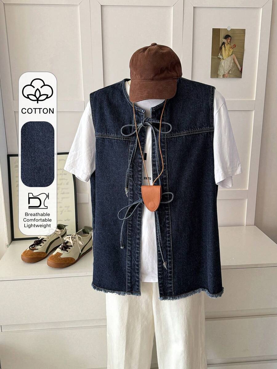 Dazy Plus Áo vest denim không tay màu xanh nhạt có thắt nơ - Rửa tối - Xem 1