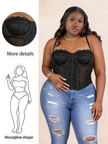 CurvyTilda Plus Lace Panel Bustier Cami Top, For Hourglass Body Shape, For Body Shape, For Summer - Black - View 1