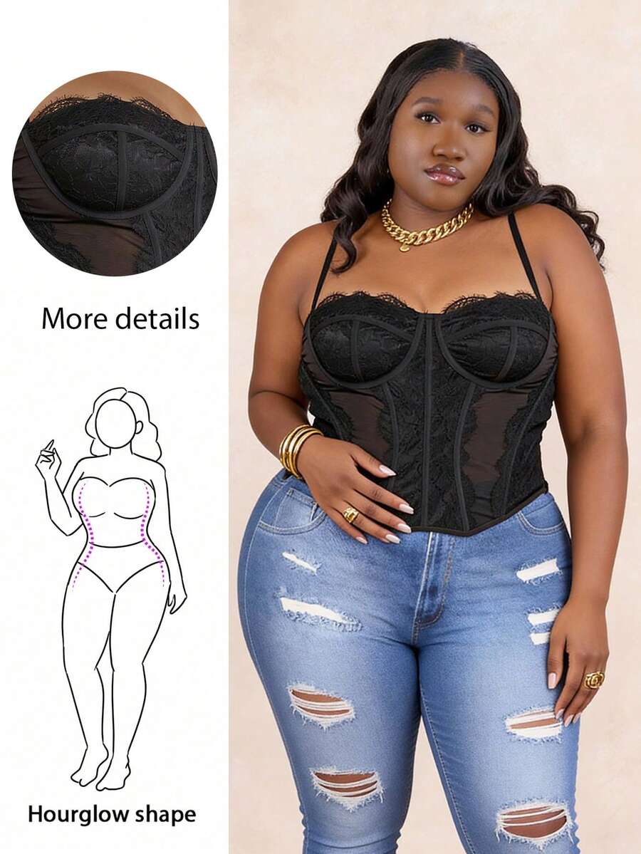 CurvyTilda Plus Lace Panel Bustier Cami Top, For Hourglass Body Shape, For Body Shape, For Summer - Black - View 1