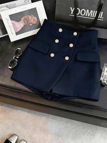 Franclia Women's Casual And Elegant Black Double Breasted Wool-Like Shorts,Suitable For Commuting, Parties And Events/Daily Wear/Vcation/Date/Office Attire High Waist Skirt Navy Skirts For Women - Navy Blue - View 1