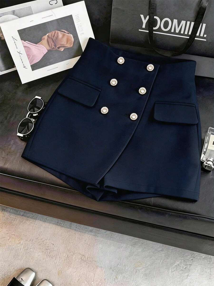 Franclia Women's Casual And Elegant Black Double Breasted Wool-Like Shorts,Suitable For Commuting, Parties And Events/Daily Wear/Vcation/Date/Office Attire High Waist Skirt Navy Skirts For Women - Navy Blue - View 1