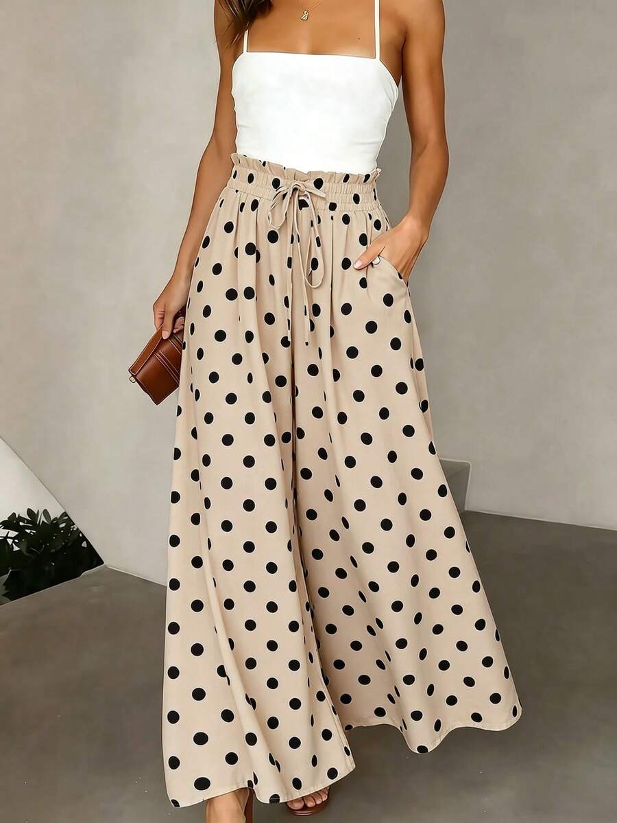 Pariaura Women's French Elegant Retro Polka Dot Wide-Leg Pants, Holiday High-Waisted Drawstring Chiffon Drape Relaxed Summer Office Casual - Apricot - View 1