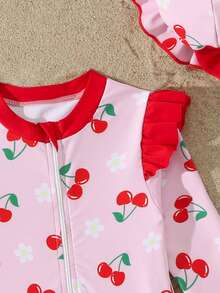 Baby Girls' Colorful Purple & Pink Cute Floral Ruffled Long Sleeve One-Piece Swimsuit With Hat, Stretchy & Comfortable For Summer Swimming - Multicolor - View 3